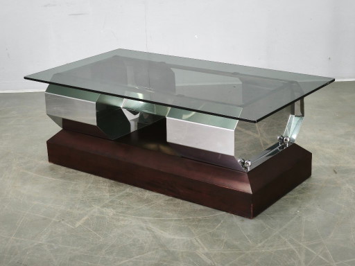 Table basse italienne en chrome, verre fumé et bois, années 70, style Willy Rizzo