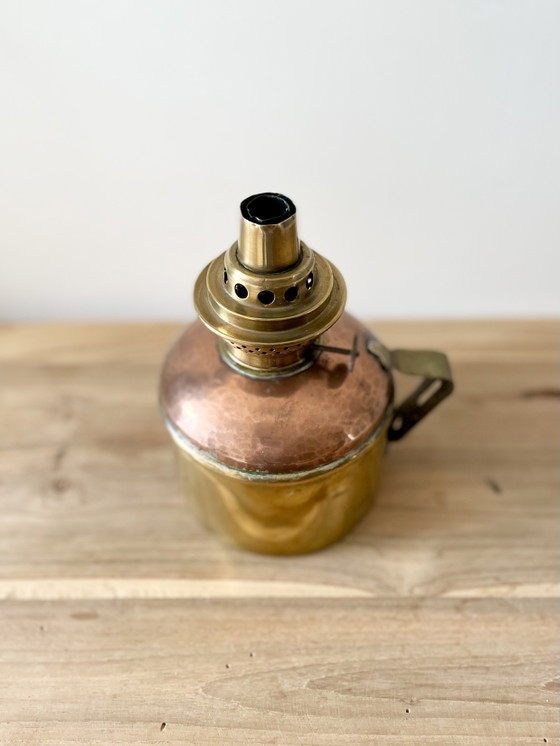 Image 1 of Antique Brass & Hammered Copper Oil Lamp · 19th Century · Hand Crafted Burner · French Oil Lamp Base · Victorian Lamp 