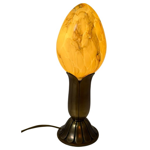 Art Deco (Style) - Egg Shaped Desk Lamp Made from Marbled Glass and a Brass Base