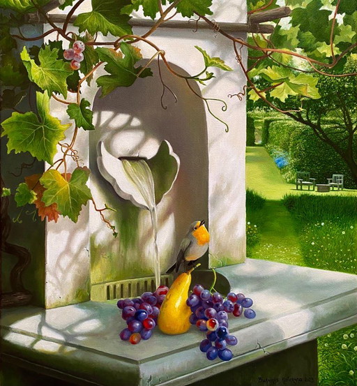 Original Oil Painting Park Landscape Fruits Garden With A Fountain – schilderijen tekeningen, Canvas