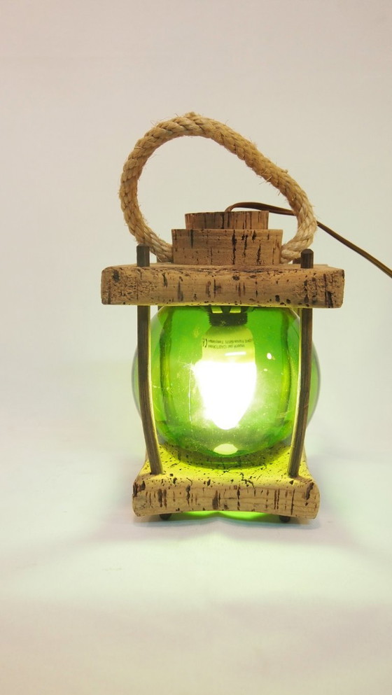 Image 1 of Franse Mid-Century Nautische Lantaarn Tafellamp, Mediterraan Kurk & Gerookt Glas, Jaren 60 Kustontwerp, Vintage Zeedecoratie