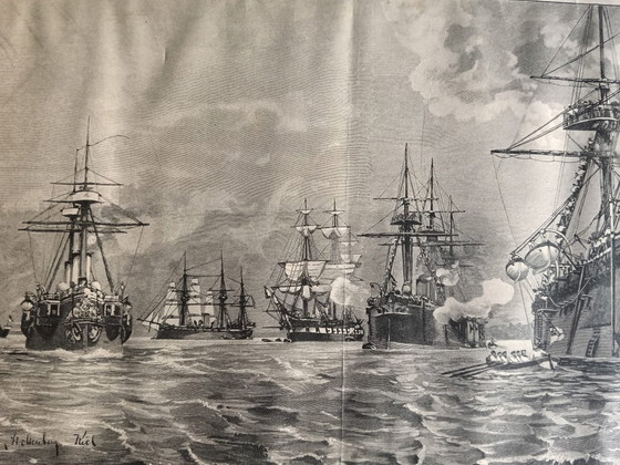 Image 1 of Grabado antiguo - Puerto de Kiel (ca. 1890) con marco
