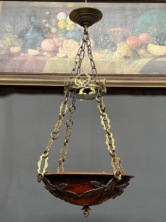 Prächtiger Art-Deco-Kronleuchter mit der Signatur „Noverdy France“. – Pendelleuchten, Bronze, Glass, Art Deco (photo 3 of 10)