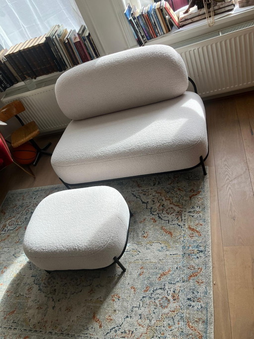 Set da soggiorno composto da 3 pezzi: divano a 2 posti Polly, poltrona a 1 posto e poggiapiedi Teddy, avorio/beige.