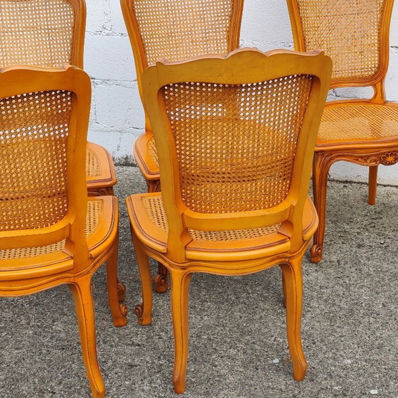 Set Of 5 French Vintage Cane Dining Chairs - 5 Big Cherry Wood Cottage Chairs - Style Louis XV - 80s (photo 18 of 19)