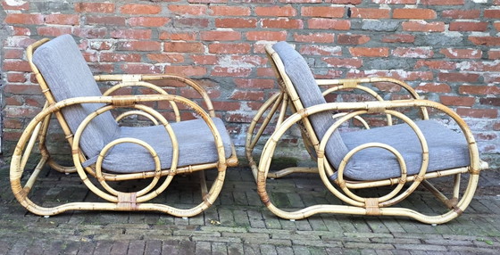 Twee vintage, design fauteuils van bamboe en rotan (photo 2 of 15)