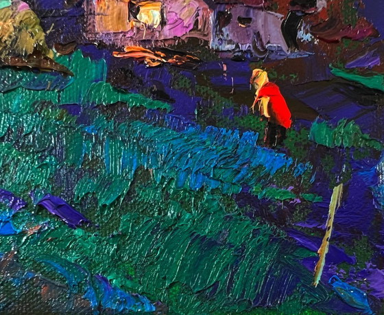 Image 1 of Original Oil Painting Summer House Landscape Moonlit Country Night