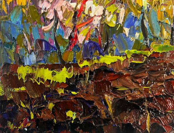 Image 1 of Original Oil Painting Nature Field Landscape Early spring over the village silence