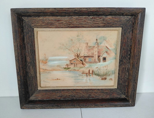 Antiek Frans Landschap Schilderij van Y. Mabire (1903) – In Originele Houten Lijst