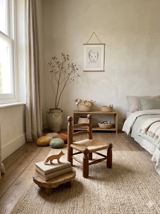 Image 1 of Charles Dudouyt – Brutalist Wabi-Sabi Chair / High Chair – Oak & Reed