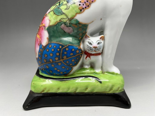 Hand-Painted Ceramic Figurine – Cat with Kitten – Asian Decor