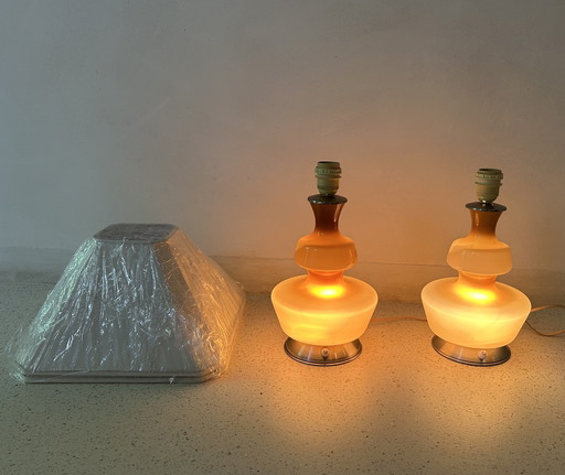 2 x glass illuminated lamp base ('50/'60) with shades, often listed as Holmegaard