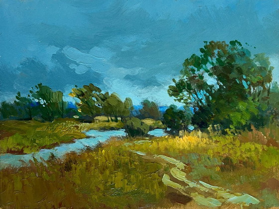 Image 1 of Original Oil Painting Summer Nature Landscape A small flood of the river