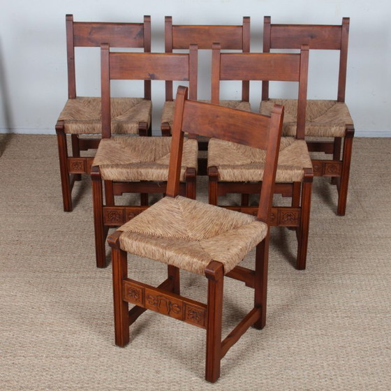 Image 1 of Set of 6 straw-seated wooden chairs, French work, 1950
