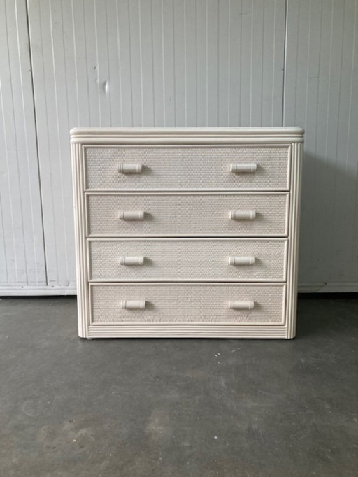 Vintage gebroken wit rotan, bamboe ladekast, jaren 80