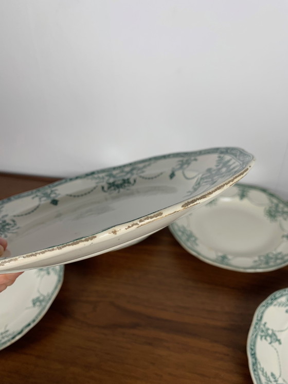 Image 1 of Set aus 3 Tellern + 3 tiefen Tellern, Modell "Compiègne" der Fabrik Longwy, Farbe dunkelgrün