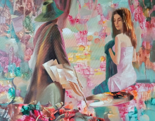 Original Oil Painting Abstract Figurative Girl Painter – schilderijen tekeningen, Canvas