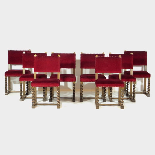 8 sedie da pranzo antiche in rovere Barley Twist e velluto rosso, XIX secolo