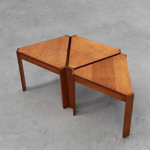 Set of 3 oak wooden triangular stacking or modular tables, France ca. 1960