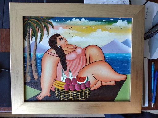 Painting of fat lady with fruit.