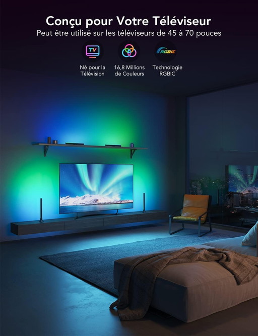Govee Barre LED RGBIC, Double Perles Lumineuses et 38cm Rétroéclairage TV WiFi Barre, plusieurs Options de Placement, pour TV 45