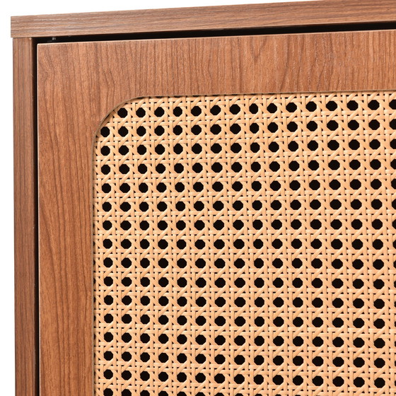 Image 1 of Urban Meuble ladekast in walnoot houtlook met 2 deuren en 3 rotan lades, gouden pootjes en handgrepen 150*90*40cm URNO