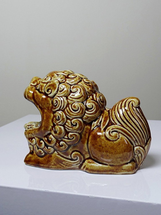 Image 1 of Foo dog asbak van bruin geglazuurd keramiek, vintage jaren 60-70.