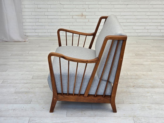 Image 1 of 1950s, Scandinavian 2-seater sofa, reupholstered, furniture wool, oak.