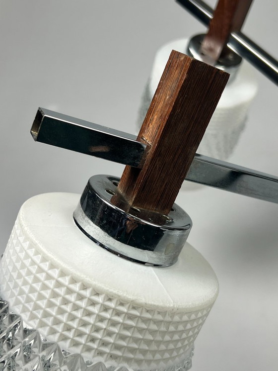 Image 1 of Vintage Kroonluchter, Chroom Met Glas En Hout, België 1970's