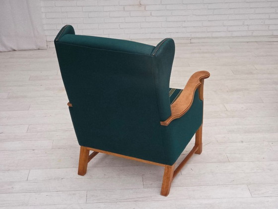 Image 1 of 1970s, Danish high back armchair, furniture wool, solid oak wood.