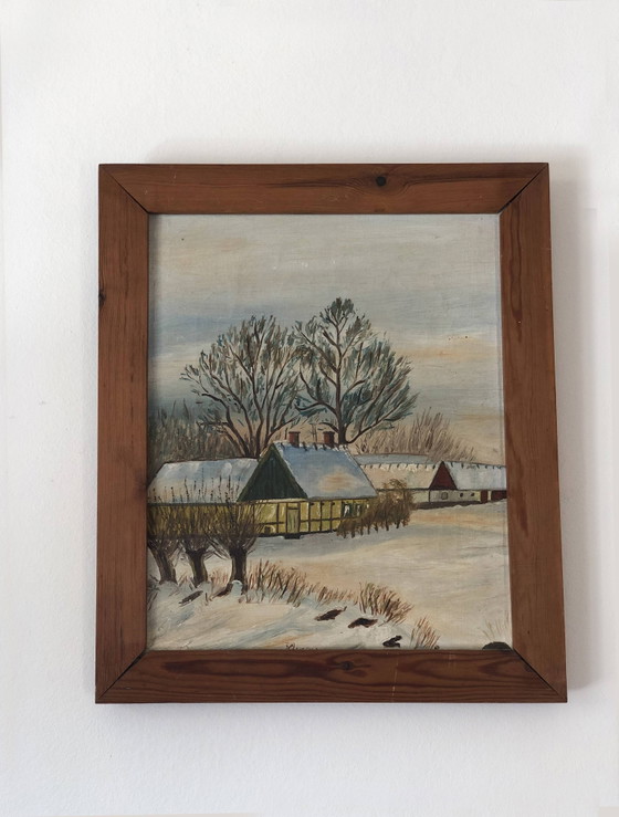 Image 1 of Vintage Original Cottage Oil Painting: Framed Winter Landscape Art