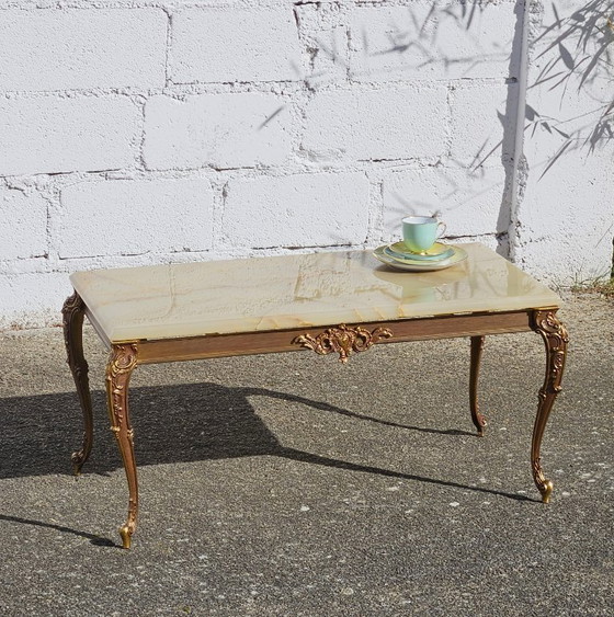 Image 1 of French WHITE Onyx Marble Brass Coffee Table - Style Louis XV 60s