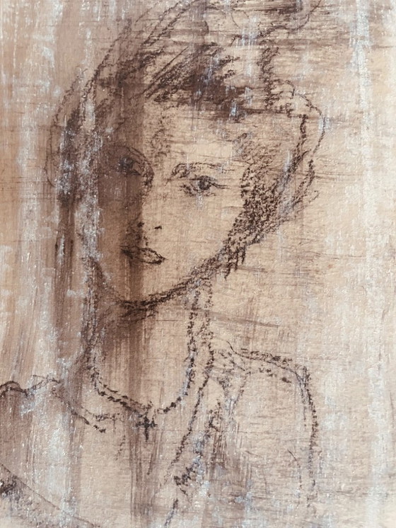 Image 1 of Houtskooltekening, gesigneerd, 19e-eeuws vrouwenportret