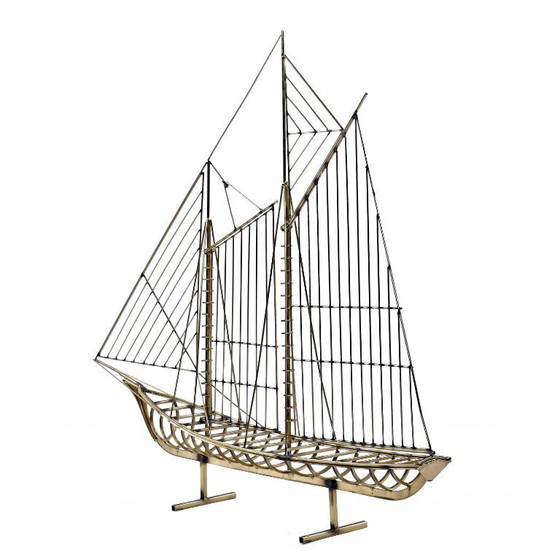 Image 1 of 1976 Curtis Jere Alambre de latón Galeón Barco Velero Escultura de metal Arte