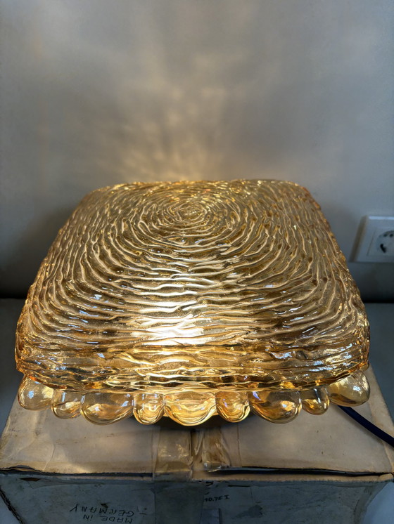 Image 1 of New old stock in doos !  Grote hoogstwaarschijnlijk Glashütte Limburg ?? plafonnière of wandlamp amber glas jaren ‘60/’70