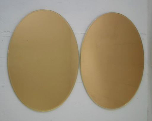 Pair of Mid-Century Modern Italian Oval Mirrors Brass and Bronzed Mirror, 1970
