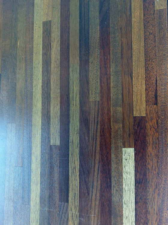 Image 1 of Table de salle à manger design avec plateau en bois et structure en acier inoxydable