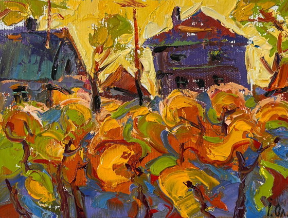Image 1 of Original Oil Painting Sunset Village Landscape Autumn yellow sunset