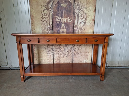 Tables d'appoint classiques en bois de cerisier, console murale, légères traces d'usure dues à l'âge, dimensions 140x40cm et