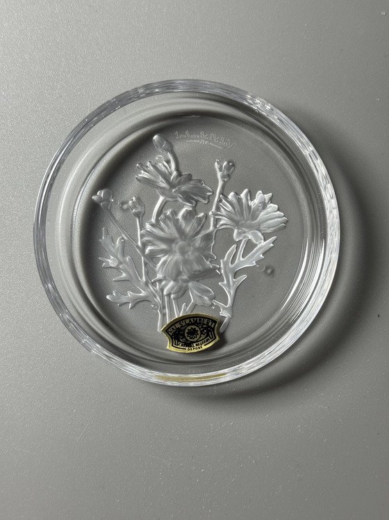 Image 1 of Coffret de 6 sous-verres en cristal Val Saint Lambert « Fleurs » – Motifs floraux – Style années 1950 – En boîte