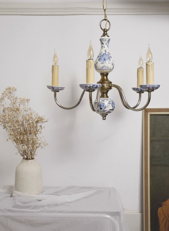 Image 1 of Antique Delft Blue Porcelain Chandelier Dutch Ceramic Ceiling Light Blue White Farmhouse Cottagecore Lighting