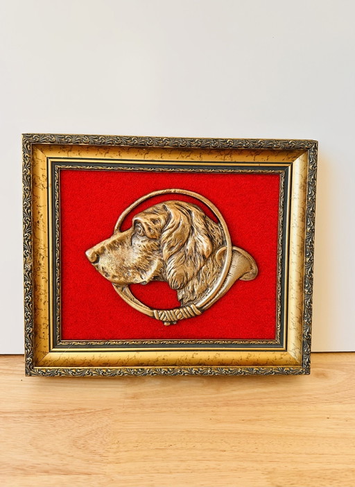 Quadro da parete in ottone con cornice raffigurante un cane e un corno da caccia | 