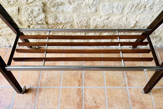 Image 1 of Vintage Glass and Brushed Metal Side Table on Wheels from Zuenelli, 1960s