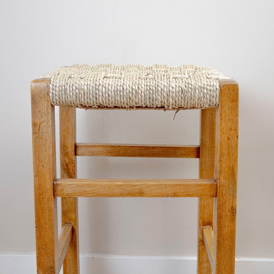 Image 1 of Low Wooden Stool with Seagrass Cord