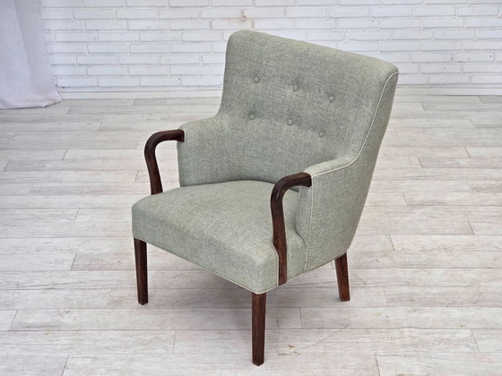 Image 1 of 1960s, Danish armchair, original light grey furniture wool, solid teak wood.