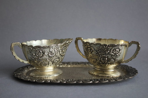 Decorative sugar and cream/milk set with tray, brand TK, silver-plated