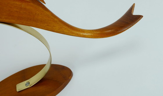 Image 1 of Beautiful Elegant Mid Century Wood Figurine Fish Dolphin Cherrywood Brass 1950s Deco