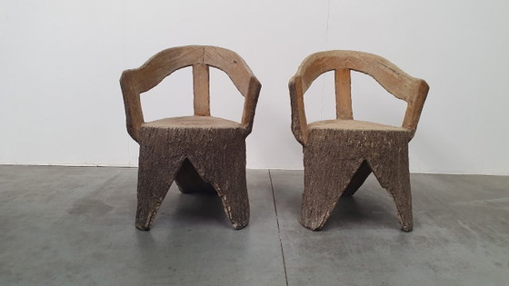 Image 1 of Vintage faux wood cement garden set 4 chairs/table Brutalist 60s France