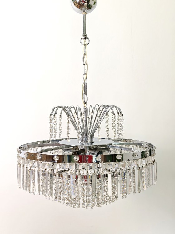 Image 1 of Mid Century Chrome Crystal Chandelier / Retro Tier Waterfall Ceiling Light / 1970s Hollywood Regency Pendant Lamp / Vintage Hang
