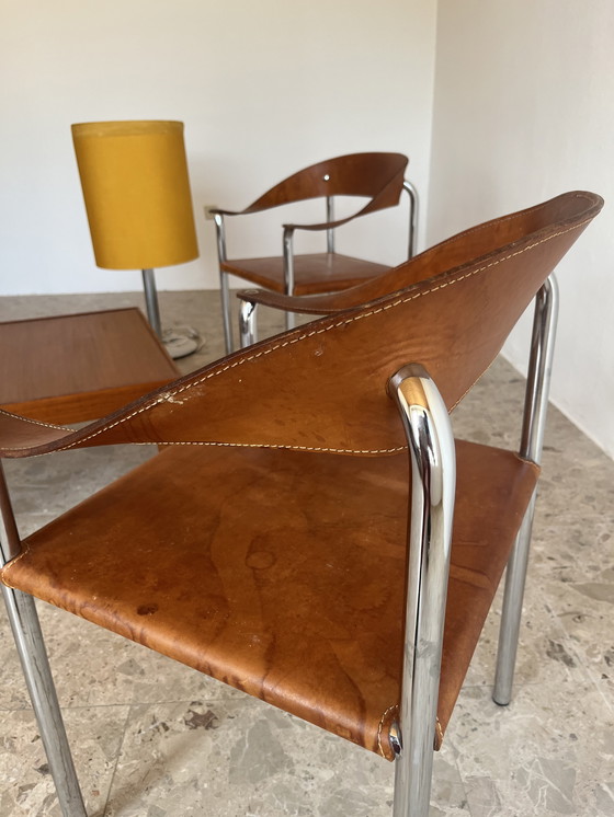 Image 1 of 2x Originele "Italiaans Modernisme jaren 70" fauteuil, verchroomd buisvormig staal, leer!